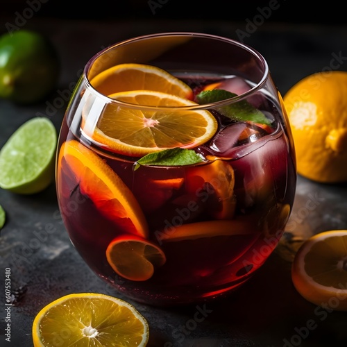 A Refreshing Glass of Sangria with Sliced Oranges, Lemons, and Limes Floating on Top