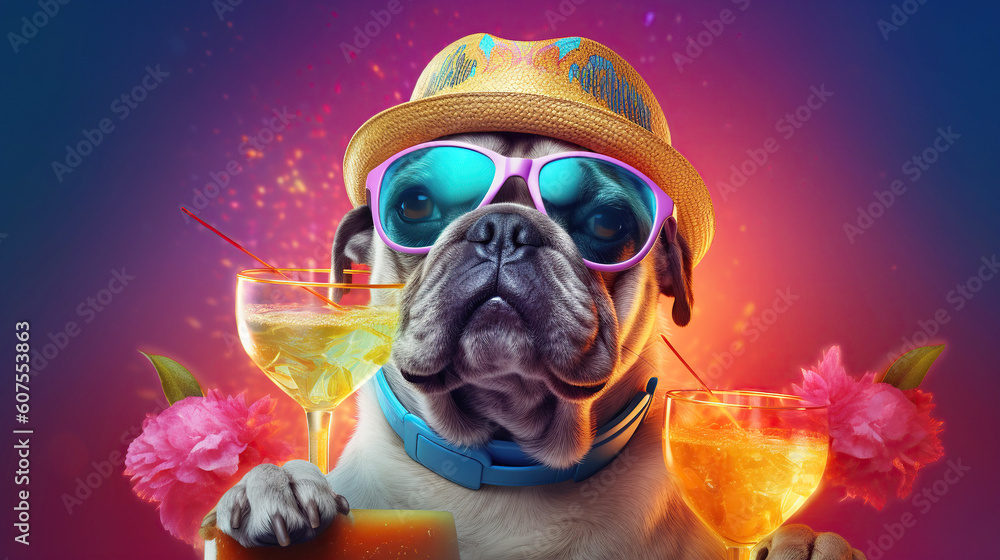 Cute dog in hat with cocktail on color background. Summer party. generative ai