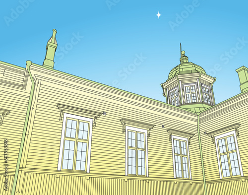 Editable vector illustration of a wooden Russian church