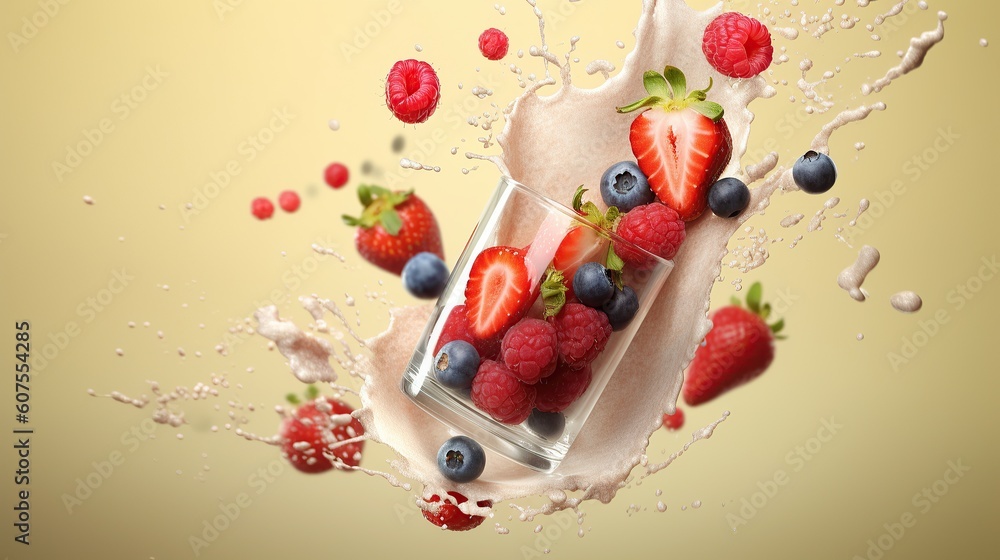 glass with fruit and milk splashing out glass with fruit and milk splashing out