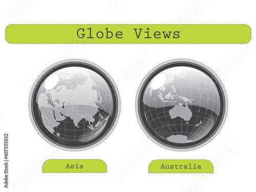 White background with different globe views. You can use the illustrations as logos, buttons, emblems. You can integrate the vectors in other projects too.