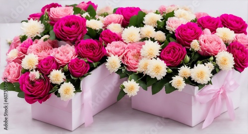 Beautiful bouquet of rose and chrysanthemums flowers and pink gift box on white table background. Gift for holiday  birthday  Wedding  Mother s Day  Valentine s day  Women s Day. Generative ai