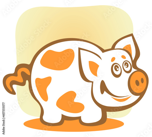 Cartoon happy piggy isolated on a yellow background.