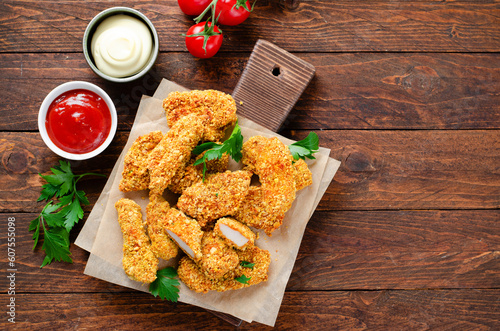 Delicious Crispy Fried Breaded Chicken Breast Strips with Ketchup on Dark Background