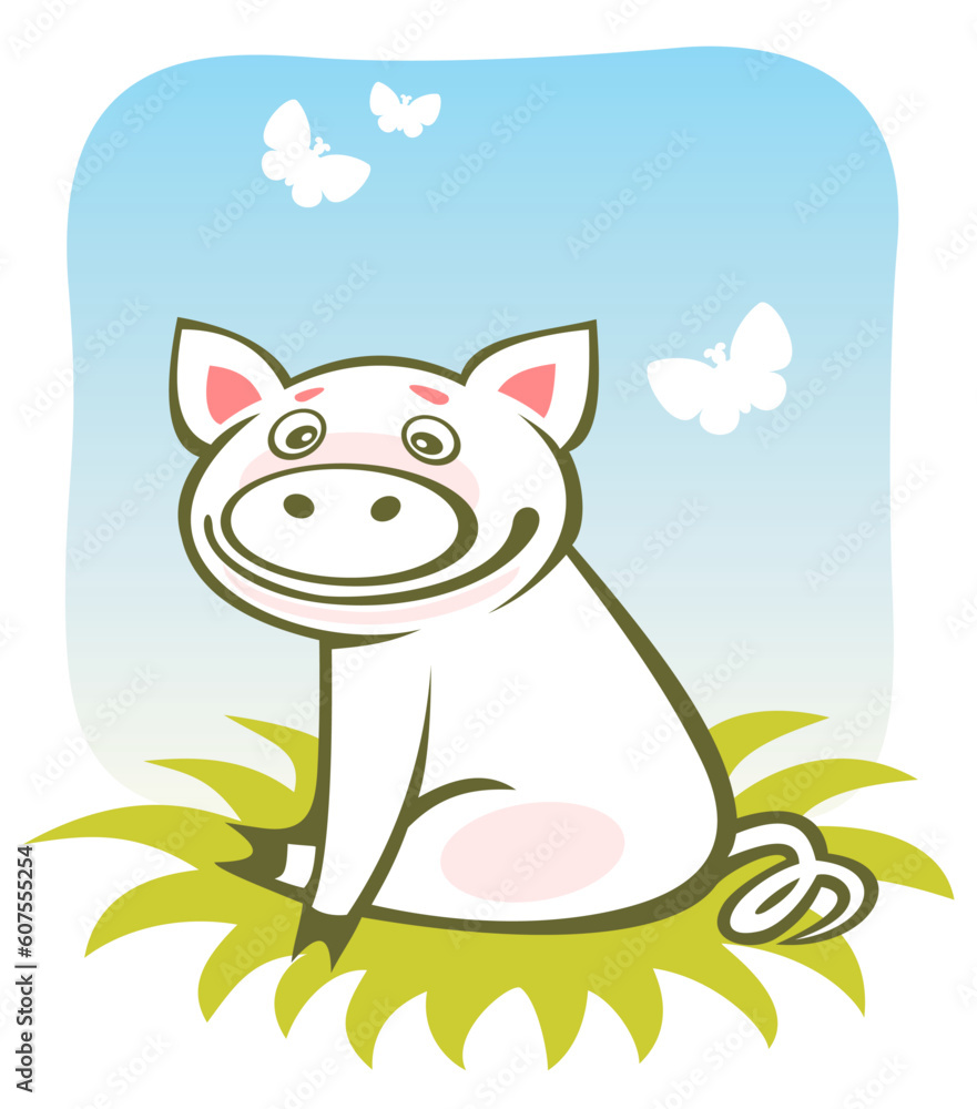 Cartoon happy piggy and butterflies on a blue sky background. Cartoon happy piggy and butterflies on a blue sky background.