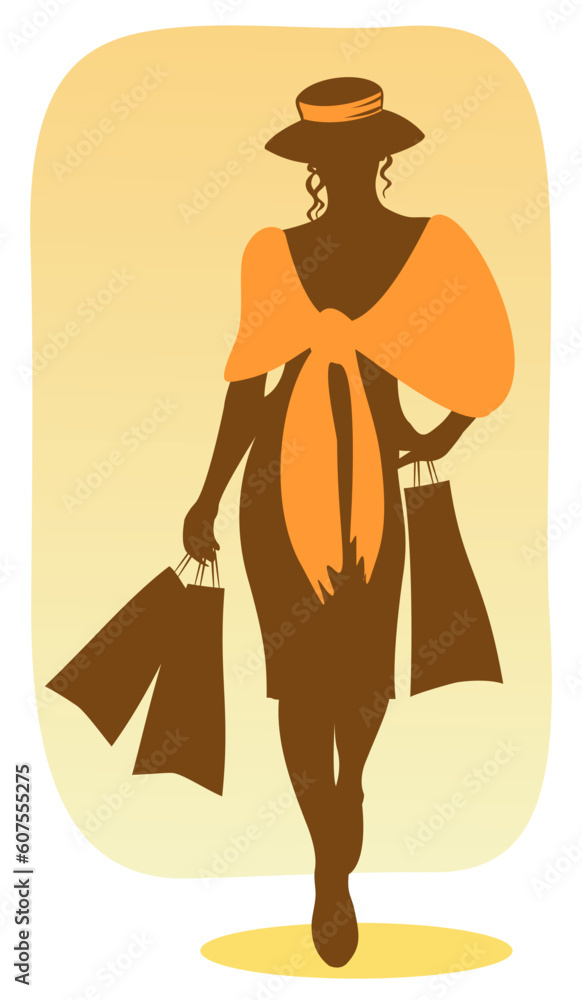 Brown silhouette of the woman  with packages in hands.