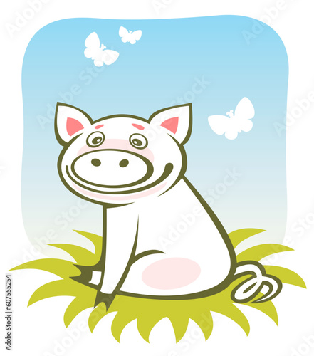 Cartoon happy piggy and butterflies on a blue sky background.