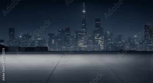 Empty concrete floor in the foreground, city skyline at night, generative ai