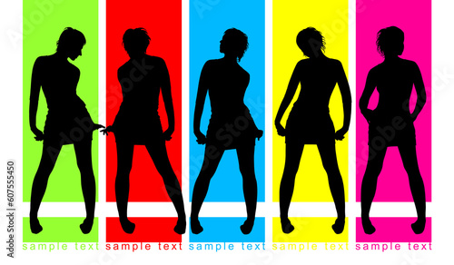 Fashion parade on color background, five female silhouettes