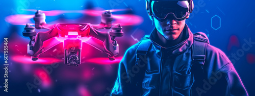 hacker, spy and secret agent in the service of operating drones, drone-assisted surveillance and espionage, banner, made with Generative AI © edojob