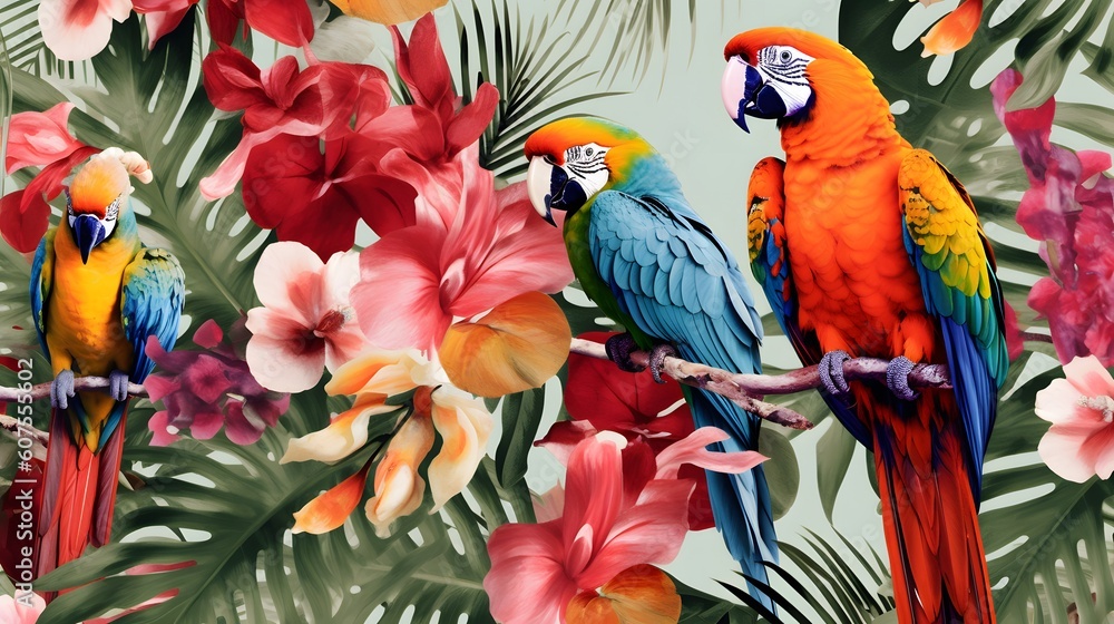 Tropical pattern with parrots and flowers in bright color Wallpaper Design generative AI