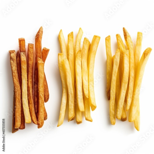French fries in a row on white background 