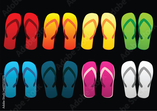 Beach sandals set. Different colorful flip-flops over black background