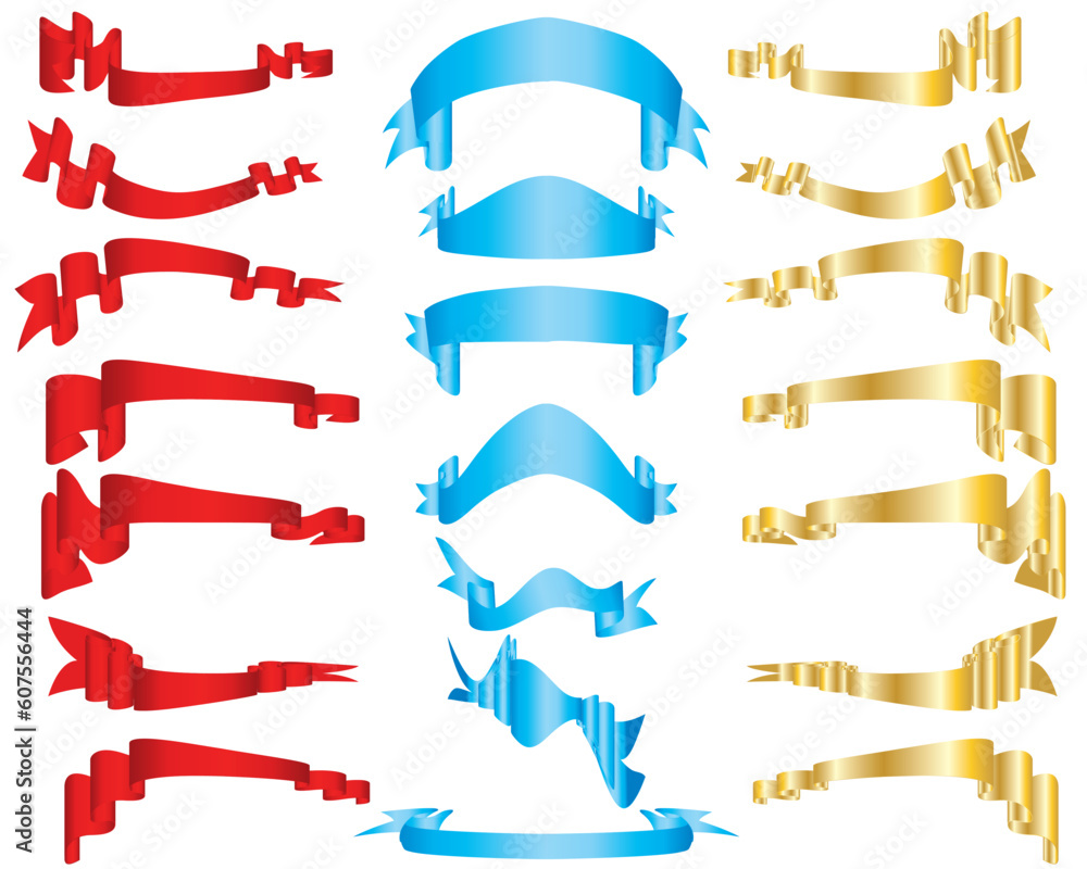 Collection of vector brightly red, blue and golden ribbons in different shape