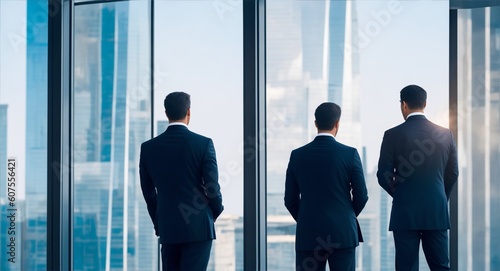 Back view of male colleagues in formal wear standing near window looking at modern exterior of skyscrapers in business center, silhouette of women together planning, generative ai