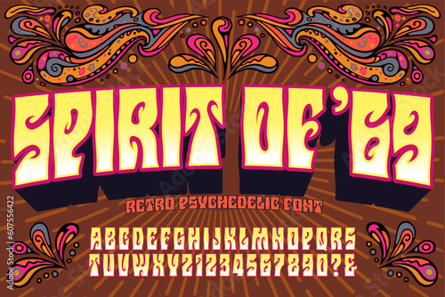 Spirit of ’69 is a hippie, trippy, psychedelic ’60s alphabet with gradient effects and a magenta outline. Perfect for music posters and album covers in the retro psych genre. photo