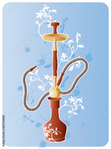 Vector image of hookah with floral pattern and grunge elements.