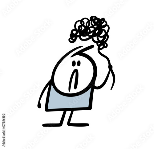Sad stickman holds a tangle of negative thoughts by the thread. Vector illustration psychologist unravels the negative situation, solves the problem.