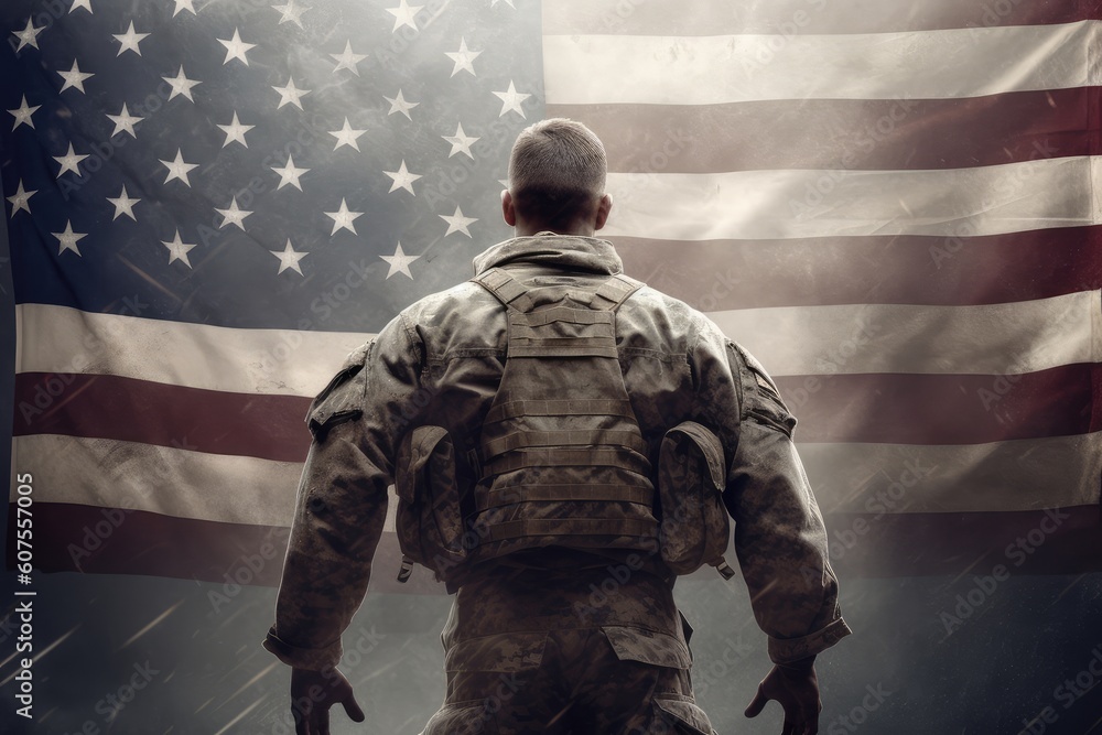 An American soldier on the background of the American flag, on Memorial Day or July 4, on Memorial Day. memory of the soldiers of America. generative ai An American soldier on the background of the American flag, on Memorial Day or July 4, on Memorial Day. memory of the soldiers of America. generative ai