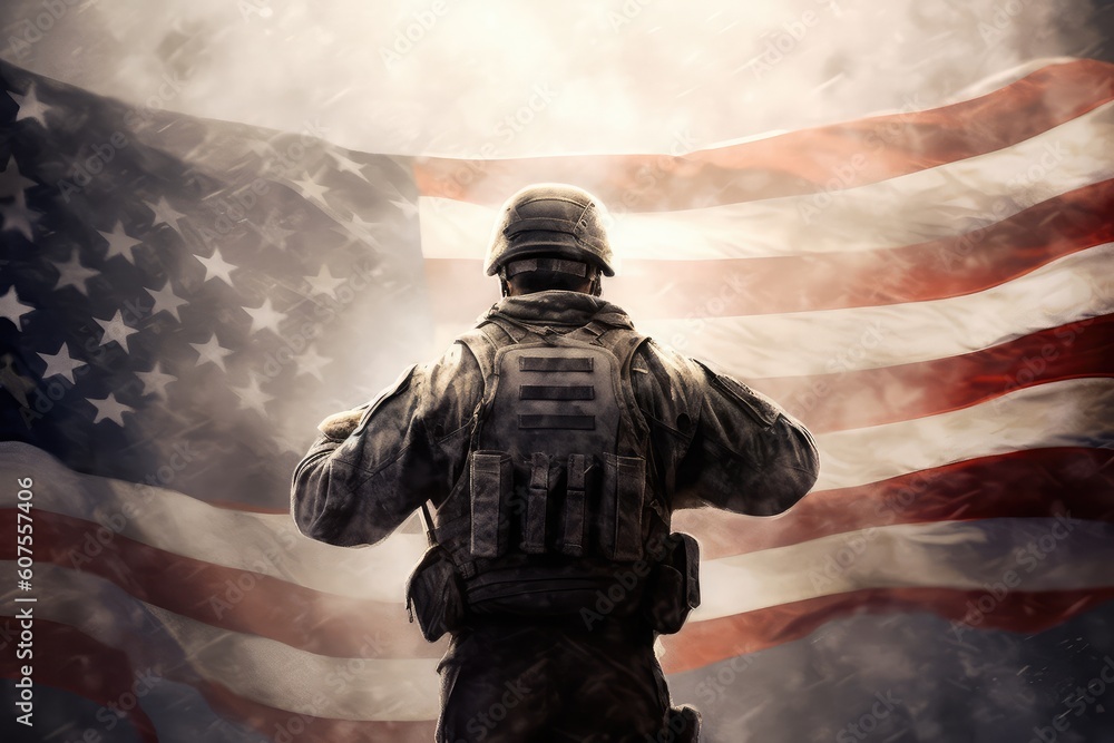 An American soldier on the background of the American flag, on Memorial Day or July 4, on Memorial Day. memory of the soldiers of America. generative ai An American soldier on the background of the American flag, on Memorial Day or July 4, on Memorial Day. memory of the soldiers of America. generative ai