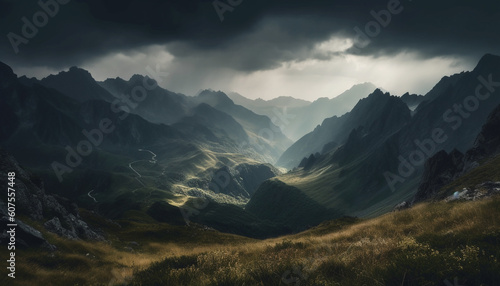 Majestic mountain range, tranquil meadow, and sunset generated by AI © Jeronimo Ramos