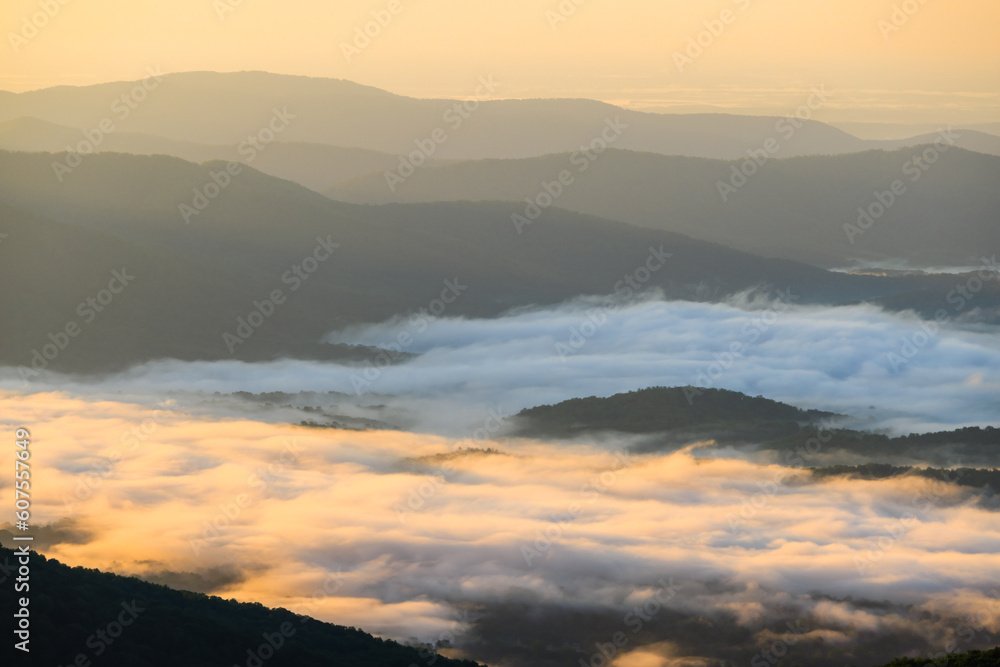 Sunrise in Blue Ridge Mountains with mist in the valley
