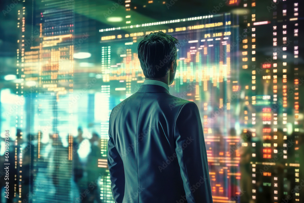 businessman or office worker in a white shirt looking at stock charts, hologram, rise and fall of indicators, inflation, devaluation, poverty and wealth businessman or office worker in a white shirt looking at stock charts, hologram, rise and fall of indicators, inflation, devaluation, poverty and wealth
