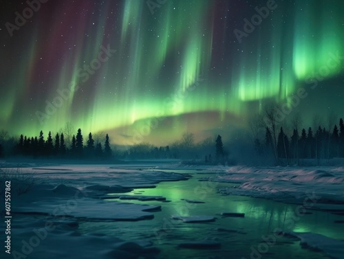 green  aurora borealis  morthern lights over ice and snow landscape  generative ai
