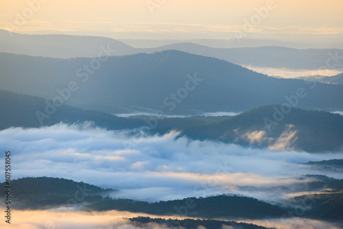 Sunrise in Blue Ridge Mountains with mist in the valley 