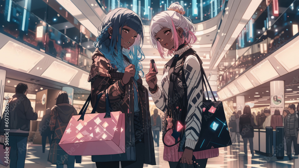 Girls inside a mall shopping - Generative AI