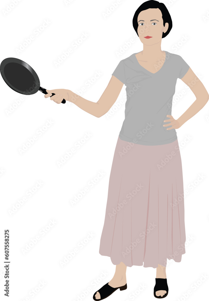 beautiful girl illustration holding a kitchen pan beautiful girl illustration holding a kitchen pan