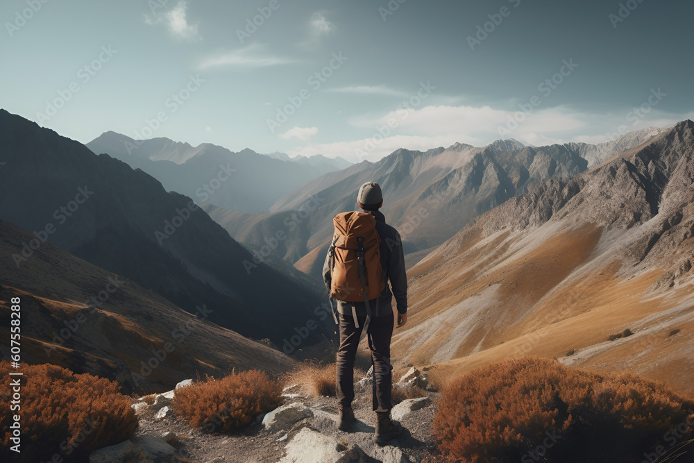 The concept of travel . A male tourist with a large backpack in the mountains admires the high peaks. . Generate Ai Generative AI