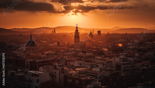 Backlit city skyline illuminated by sunset glow generated by AI