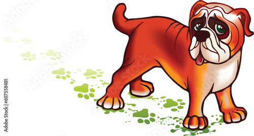 Lovely dog with green tracks on the white floor