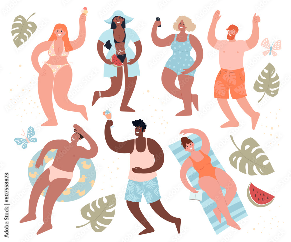 Summertime Sticker set. Beach or pool party. Diverse people in swimsuits have fun. Cute flat vector modern illustration.