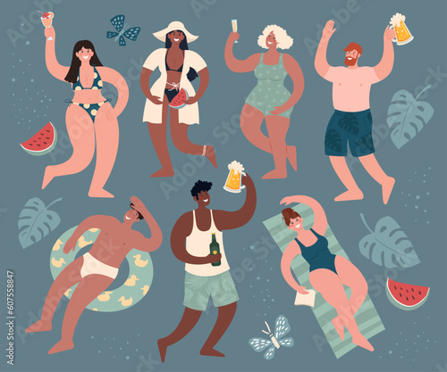 Summertime Sticker set. Beach or pool party. Diverse people in swimsuits drink alcohol and have fun. Cute flat vector modern illustration..