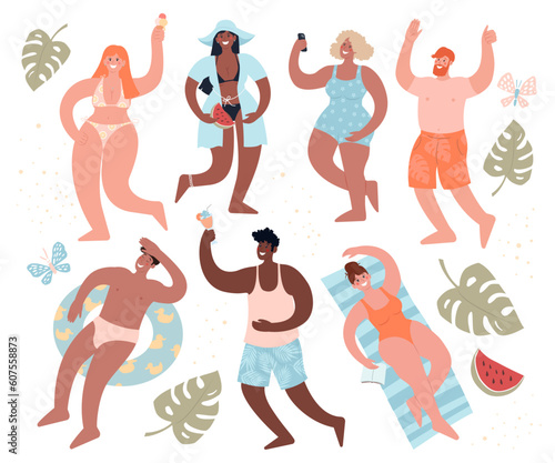 Summertime Sticker set. Beach or pool party. Diverse people in swimsuits have fun. Cute flat vector modern illustration.