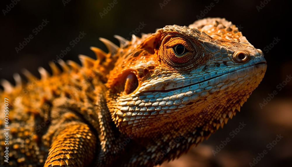 Naklejka premium Green iguana crawls on branch, looking ahead generated by AI