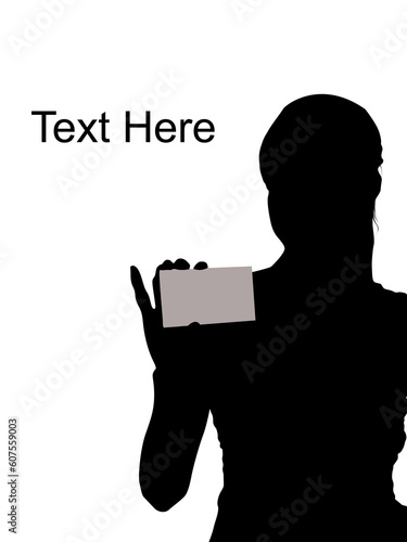 smiling female showing visiting card against white background