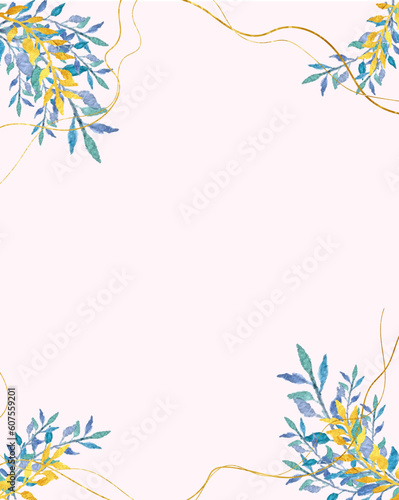 Elegant wedding card design with hand painted watercolor plums and gold decorative. Artistic spring bridal design postcard.
