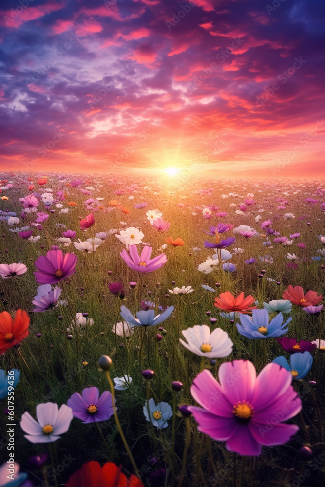 Obraz premium Magic sunset with flowers field with spring blossoms. Generative AI