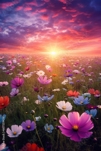 Magic sunset with flowers field with spring blossoms. Generative AI