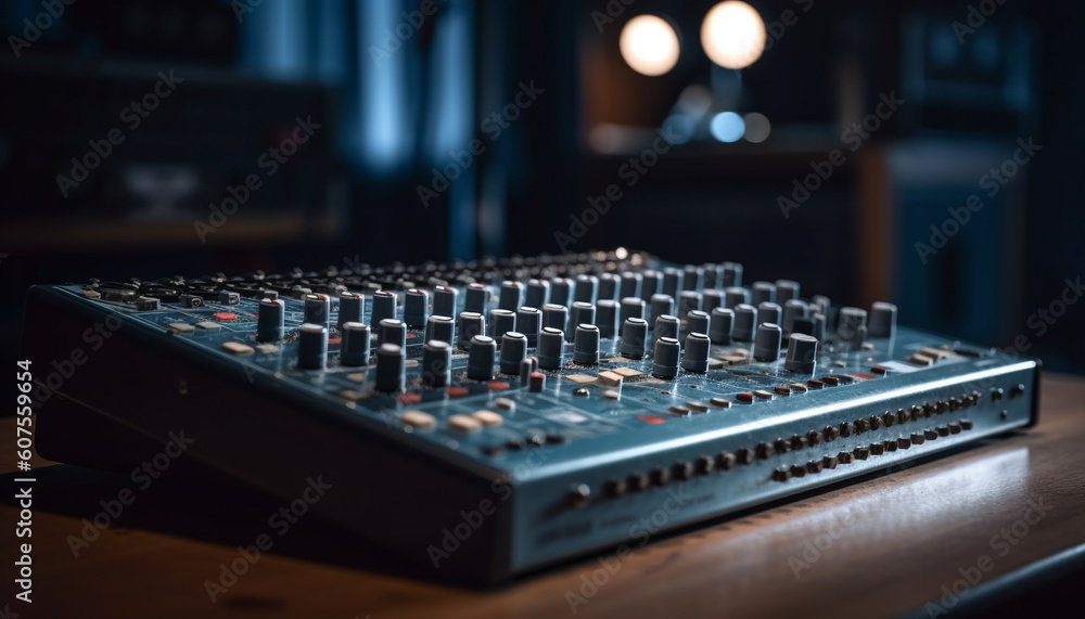 Electric mixer knob adjusts sound in recording studio generated by AI