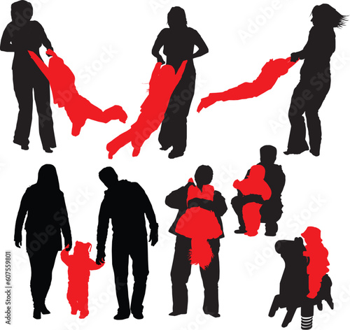Vector illustrations of happy family. Mother and father playing with his daughter and son