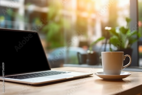 Laptop with a blank screen with cup beside it, placed on a table with a bokeh style background