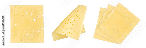 Swiss cheese png isolate. Cheese slices with many small holes, close-up. Swiss cheese is cut into thin slices of different shapes, isolated on a white background.