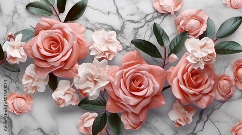 Pink rose flowers with branches festive background. Generative AI