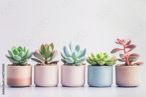 Succulents in a row in pastel color pots on a white background. Generative AI.