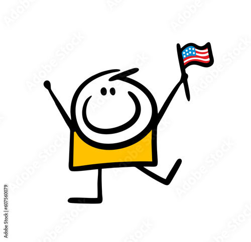 Funny boy dancing and waving the US flag on Americas Independence Day. Vector illustration of a funny proud man having fun.