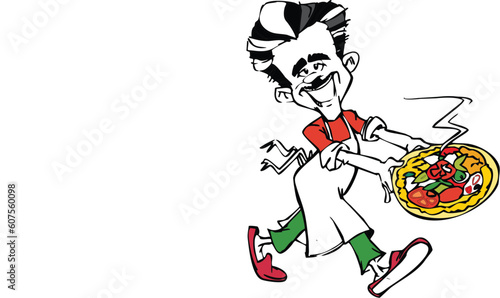 italian cook or pizzaiolo with pizza